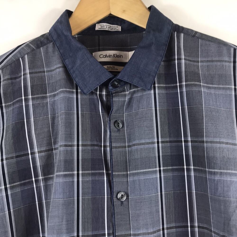 Calvin Klein Shirt Mens Sz Large Gray Plaid Long Sleeve Cotton Blue Collar